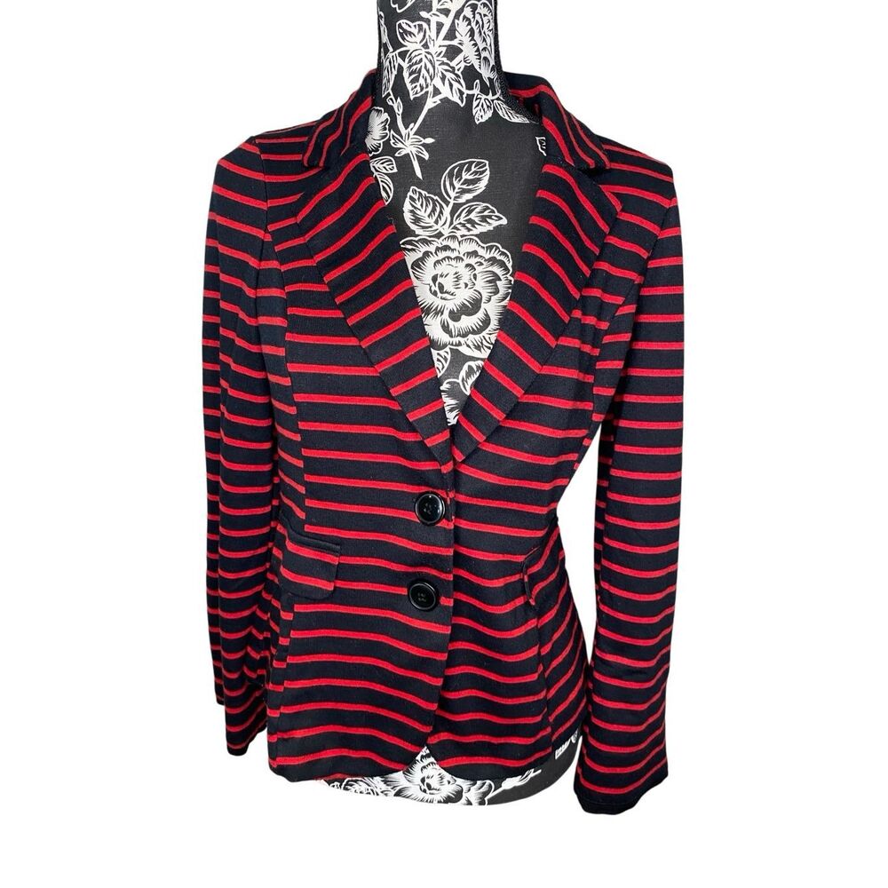 Stooshy Red Black Striped Knit Blazer Jacket Stretch Career Junior Large Top
